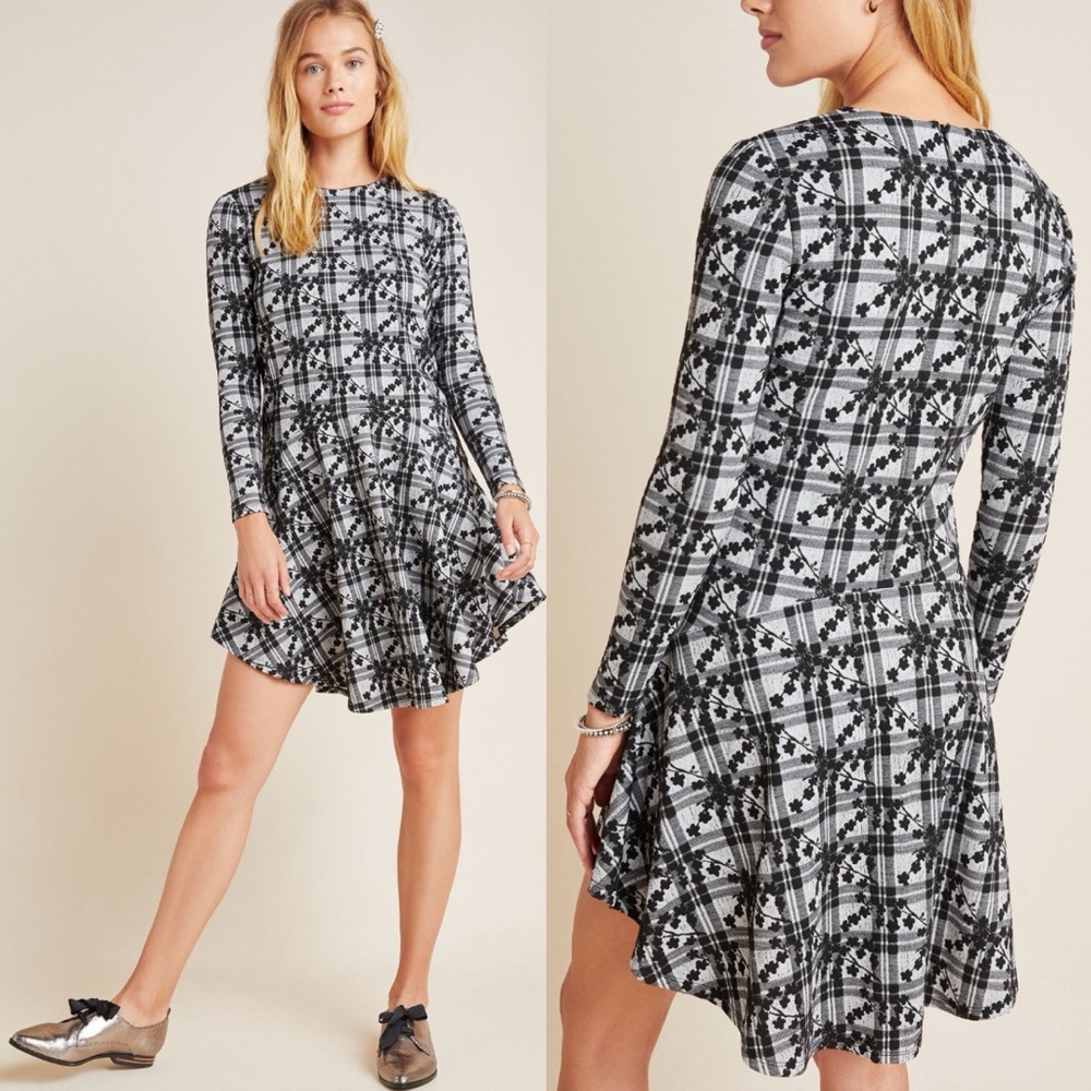 Anthropologie Hutch Jeanie Embroidered Plaid Floral Tunic Dress Black and White - Picture 11 of 11